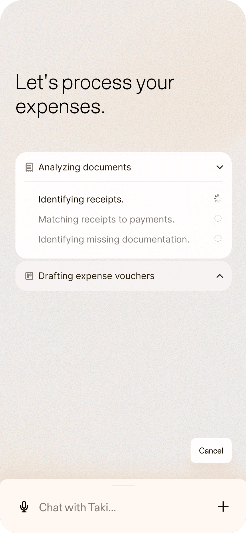 Taki's mobile interface processing a batch of receipts: analysing, organising, and preparing actions.