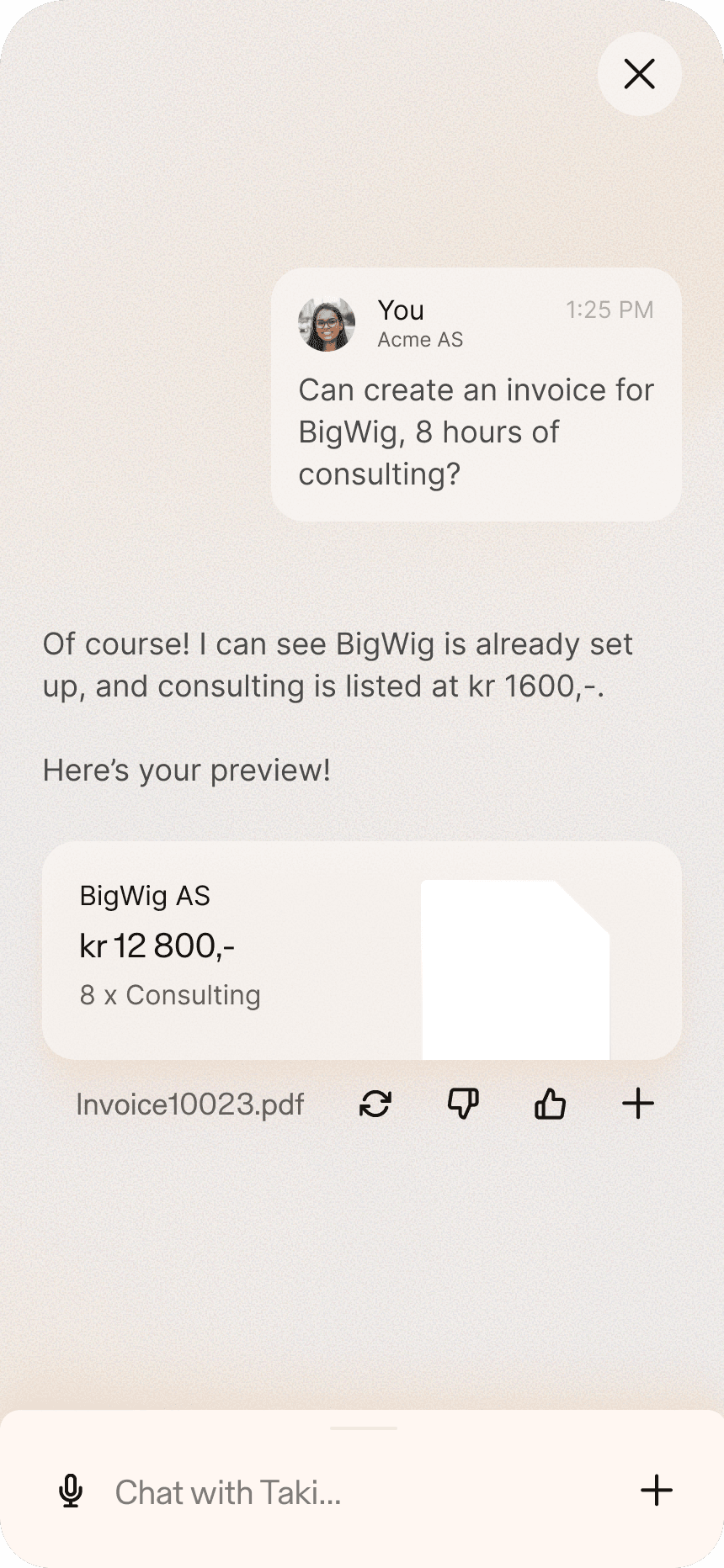 Taki creating an invoice from a single sentence: chat preview showing line items, total, and the generated PDF ready to send.