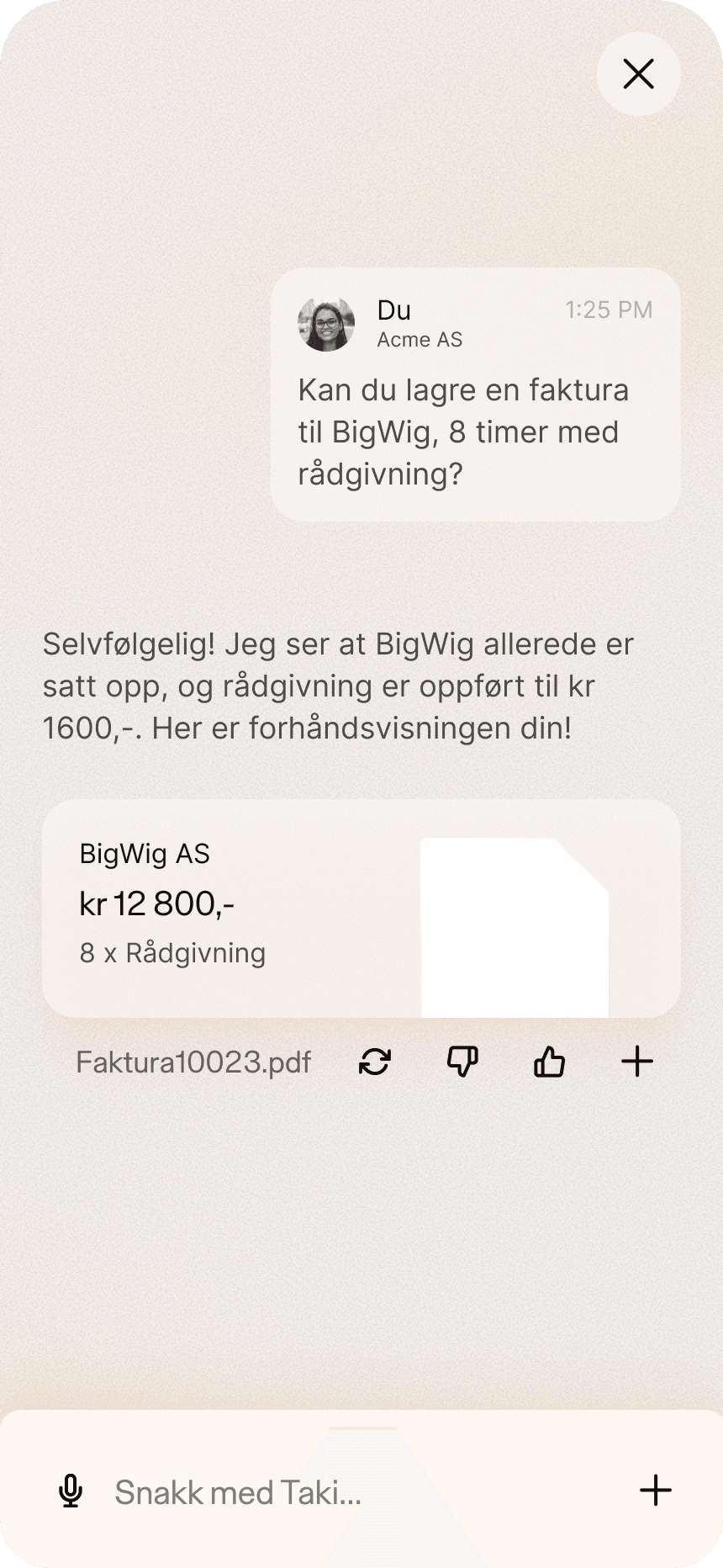 Taki som lager en faktura ut fra én setning: chat-forhåndsvisning med linjeposter, total og PDF-en klar til å sendes.